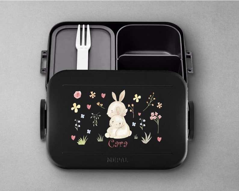 Mepal Take a break midi Bento Box Brotdose Personalisierte Bento Brotdosen mit niedlichem Häschen für Kita, Schule und Kindergarten Nordic-Black