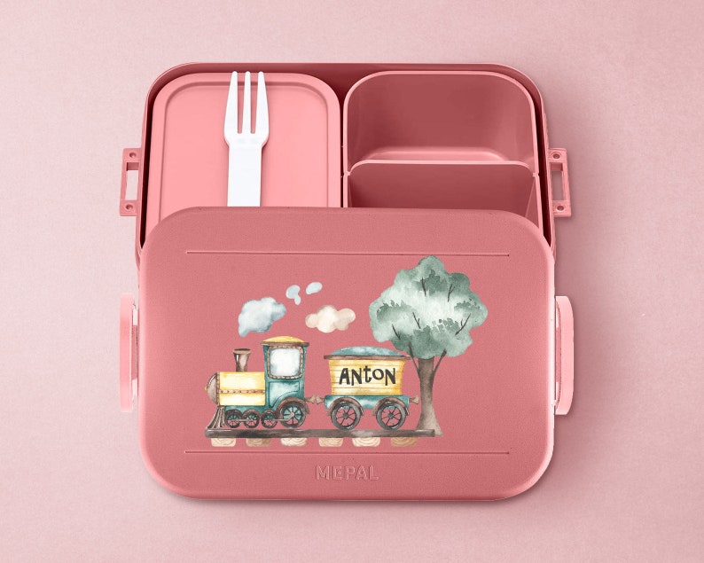 Personalisierte Mepal Bento Brotdose mit Fächern & mit nostalgischer Lokomotive / Zug für den Kindergarten oder die Schule Vivid-Mauve