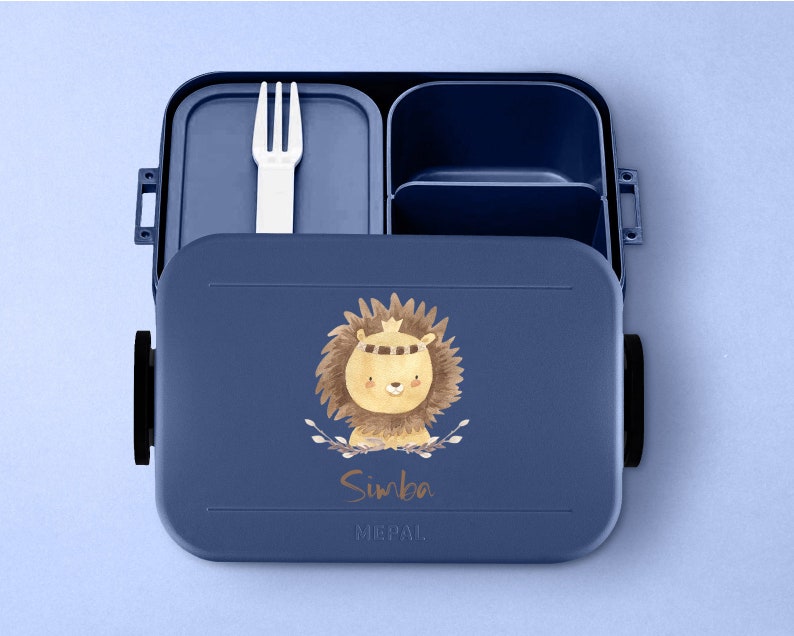 Personalisierte Mepal Brotdose Bento Box Brotdose mit Fäachern Brotdose mit niedlichem Löwen für die Schule oder Kindergarten Nordic-denim