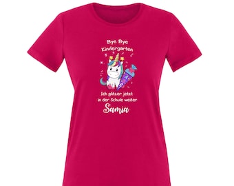 Bye bye Kindergarten Kinder T-Shirt mit Name | Abschiedsgeschenk für die Kinder im Kindergarten mit neidlichem Einhorn und Schultüte