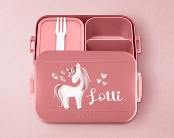 Gepersonaliseerde Mepal meeneemlunchbox met schattige eenhoorn en bento-inzet voor kinderdagverblijf, kleuterschool en school/inschrijving