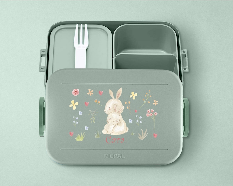 Boîte à lunch midi Mepal Take a Break personnalisée avec boîte bento et compartiments Lunchbox midi Mepal personnalisée avec des lapins bohèmes Nordic-sage