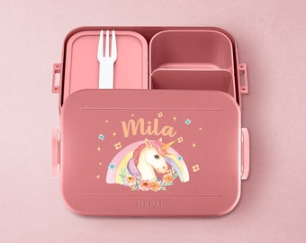 Mepal Take a break Lunchbox mit Wunschname | Personalisierte Bento Brotdose mit niedlichem Einhorn für Kita, Kindergarten und Schule