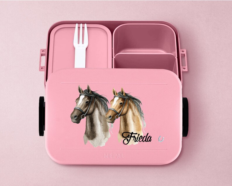 Personalized Mepal lunch box with bento compartments Personalized lunch box with beautiful horses 900ml Lunch box for school and daycare Nordic-pink