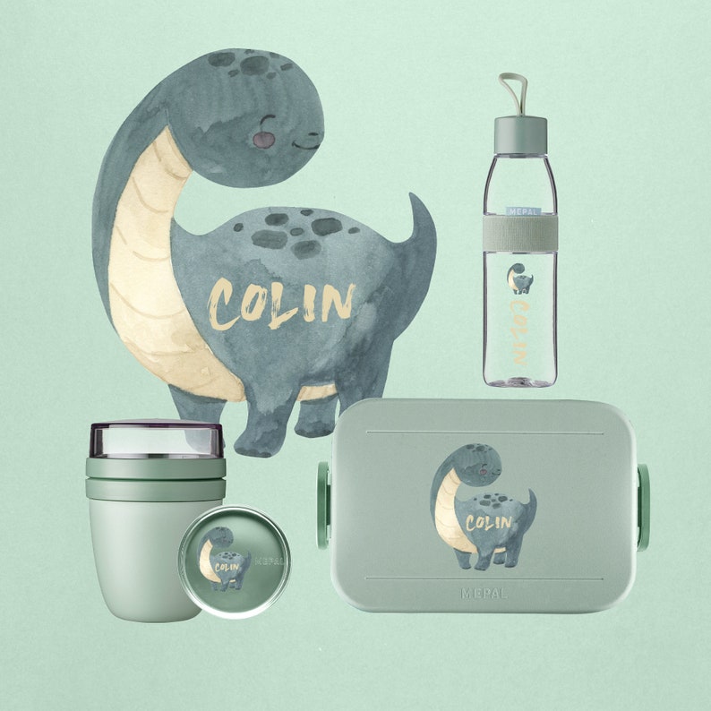 Personalisierte Dino Mepal Brotdose mit Bento Einsatz & Trinkflasche, Lunchpot als Set für Kindergarten und Schule Komplette Serie Bild 1