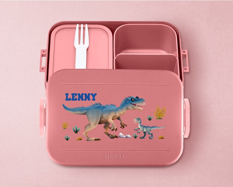 Mepal Take a break T-Rex Lunchbox mit Wunschname Personalisierte Bento Brotdose mit coolem Dino Motiv für Kita, Kindergarten und Schule Vivid-Mauve