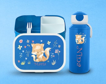 Boîte à lunch et gourde Mepal en set avec nom | Boîte à lunch personnalisée avec insert bento et bouteille d'eau renard mignon pour les filles