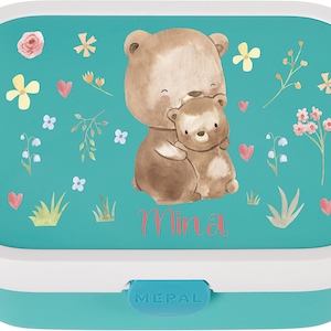 Personalized Mepal lunch box with Bento and a cute little bear for daycare and kindergarten Türkis