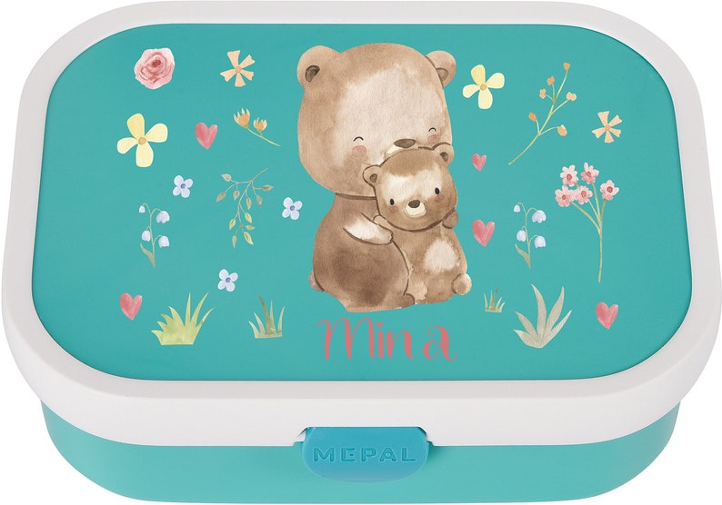 Personalized Mepal lunch box with Bento and a cute little bear for daycare and kindergarten Türkis