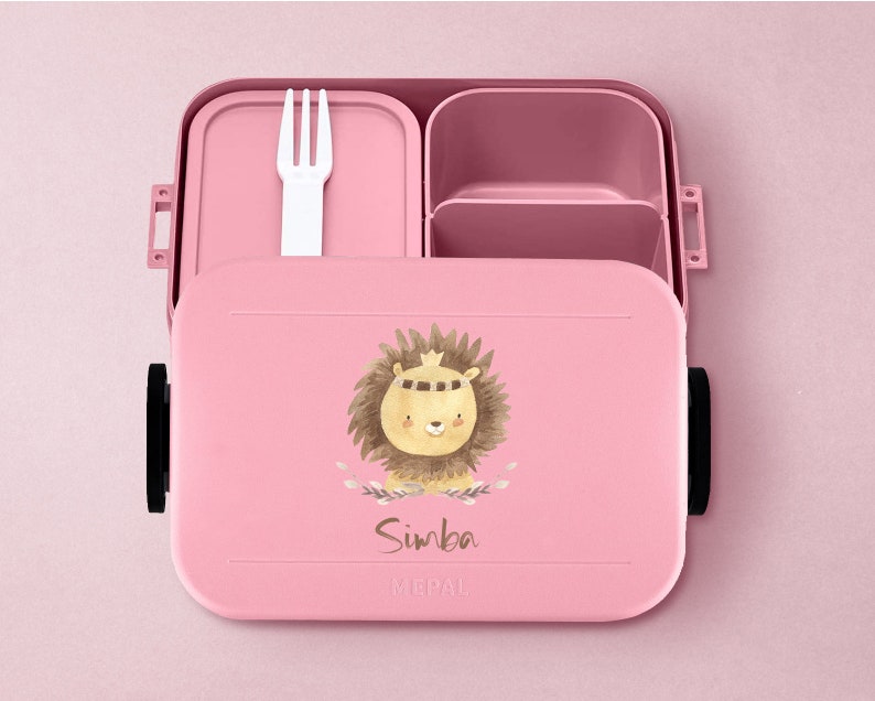 Personalisierte Mepal Brotdose Bento Box Brotdose mit Fäachern Brotdose mit niedlichem Löwen für die Schule oder Kindergarten Nordic-pink