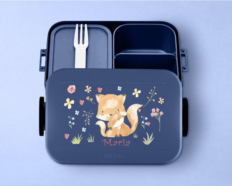 Mepal Bento Lunchbox mit Fächern Take a break Midi Personalisierte Brotdose mit niedlichem Fuchs für die Schule oder den Kindergarten Nordic-denim