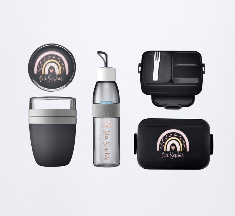 Personalisiertes Mepal take a break Luchbox Set mit Bento Einsatz und Trinkflasche & Lunchpot mini als Set für den Kindergarten und Schule Nordic-Black