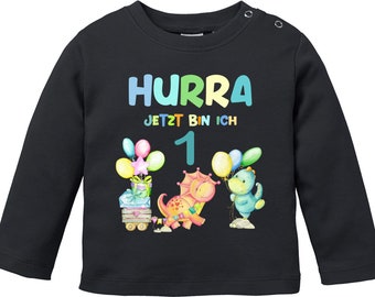 Hurra jetzt bin ich 1 / Geburtstagsshirt für die Kleinen mit süßem Dino-Motiv / Geschenk für das Patenkind