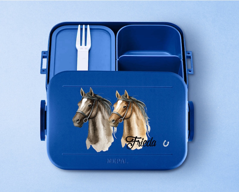 Personalized Mepal lunch box with bento compartments Personalized lunch box with beautiful horses 900ml Lunch box for school and daycare Vivid-Blue