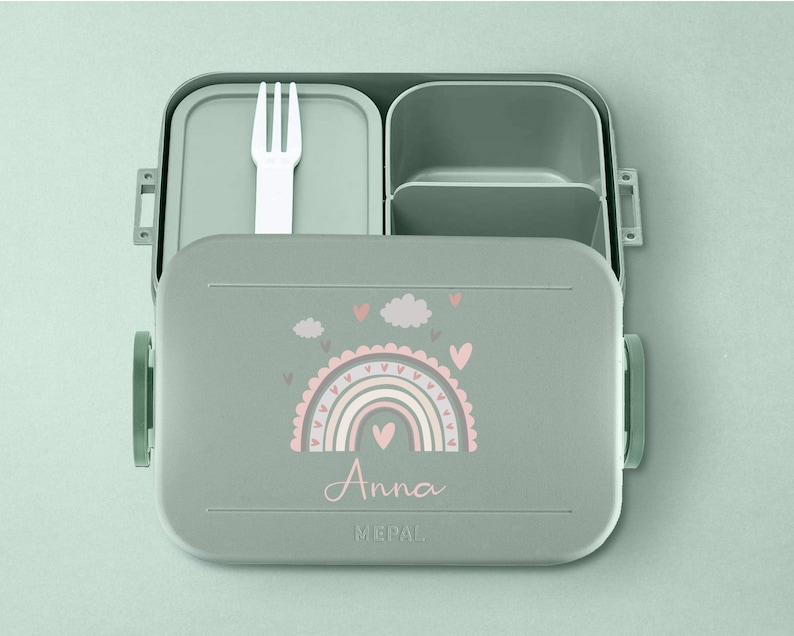 Gepersonaliseerde Mepal Take a break lunchbox Bento lunchbox met vakken met schattige regenboog voor kinderdagverblijf, kleuterschool en school Nordic-Sage