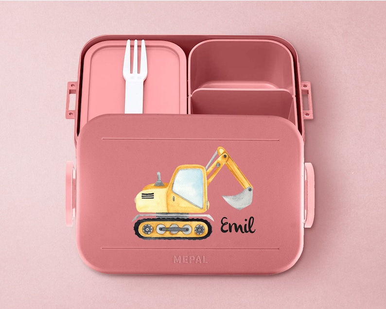 Personalized Mepal take a break lunch box with bento box Personalized lunch box with a cool excavator for daycare, kindergarten and school Vivid-Mauve Lunchbox