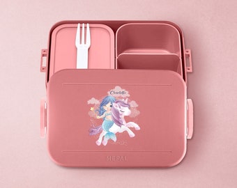 Personalized Mepal lunch box with compartments | Bento lunch box personalized with unicorn and mermaid for daycare, kindergarten and school