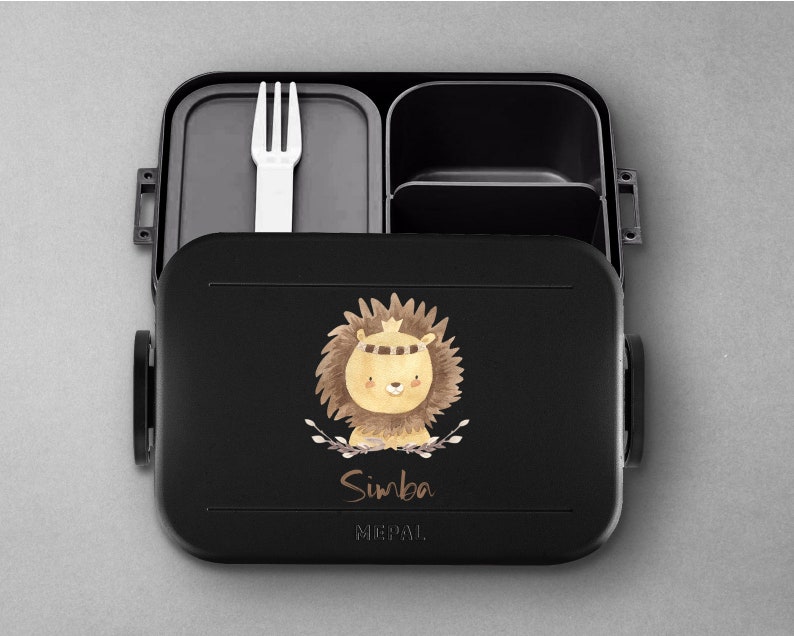 Personalisierte Mepal Brotdose Bento Box Brotdose mit Fäachern Brotdose mit niedlichem Löwen für die Schule oder Kindergarten Nordic-Black