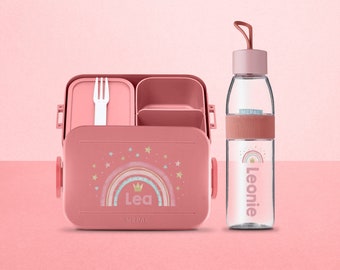 Mepal Boîte à déjeuner personnalisée avec joli arc-en-ciel | Boîte à lunch personnalisée avec bouteille dans un coffret pour garderie, maternelle, école