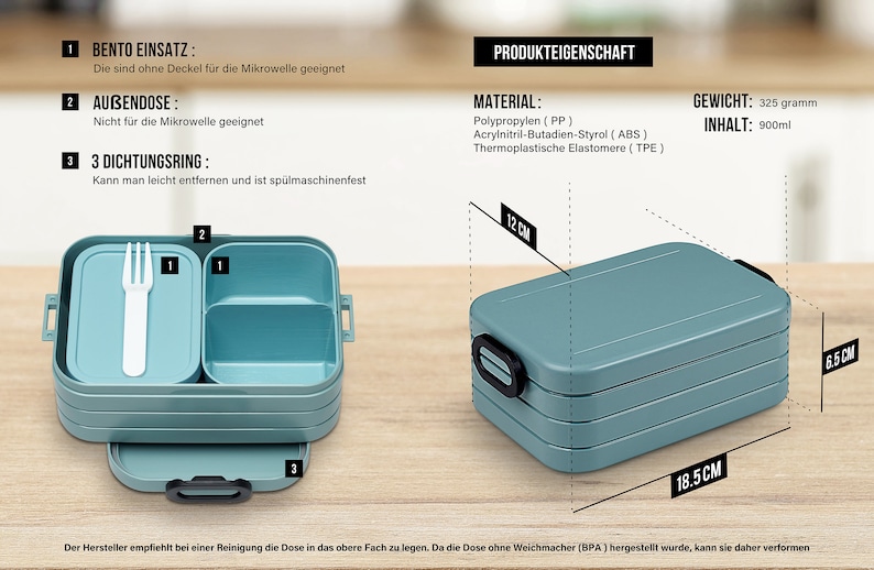 May include: A three-tiered blue lunchbox with a black handle. The lunchbox is 18.5 inches long, 6.5 inches wide, and 12 inches tall. The lunchbox is made of polypropylene, acrylonitrile butadiene styrene, and thermoplastic elastomers. The lunchbox has a weight of 325 grams and a capacity of 900 milliliters.