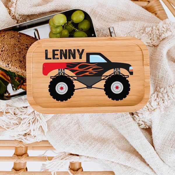 Personalisierte nachhaltige Lunchbox aus Bambus mit coolem Monstertruck für die Kita und Schule