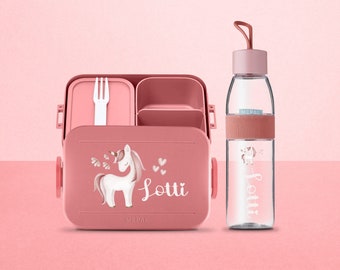 Personalisierte Mepal Nordic Take a break midi Brotdosen-Set mit süßem Einhorn | Personalisierte Lunchbox & Wasserflasche für Kita, Schule