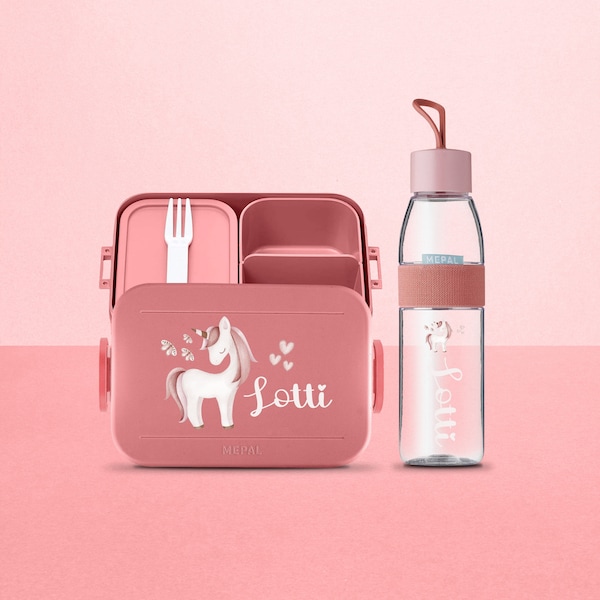 Personalisierte Mepal Nordic Take a break midi Brotdosen-Set mit süßem Einhorn | Personalisierte Lunchbox & Wasserflasche für Kita, Schule