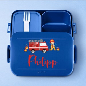 Boîte à lunch Mepal Take a break avec le nom souhaité | Boîte à lunch Bento personnalisée avec un joli camion de pompier pour la garderie, la maternelle, l'école
