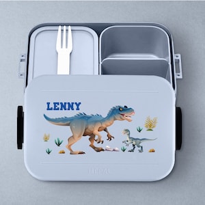 Mepal Take a break T-Rex Lunchbox mit Wunschname Personalisierte Bento Brotdose mit coolem Dino Motiv für Kita, Kindergarten und Schule Nordic-blue