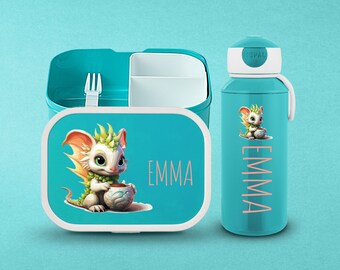 Personalisierte Mepal Brotdose mit Trinkflasche mit süßem Drachen | Brotdose personalisiert mit Bentobox für die Schule und Kindergarten