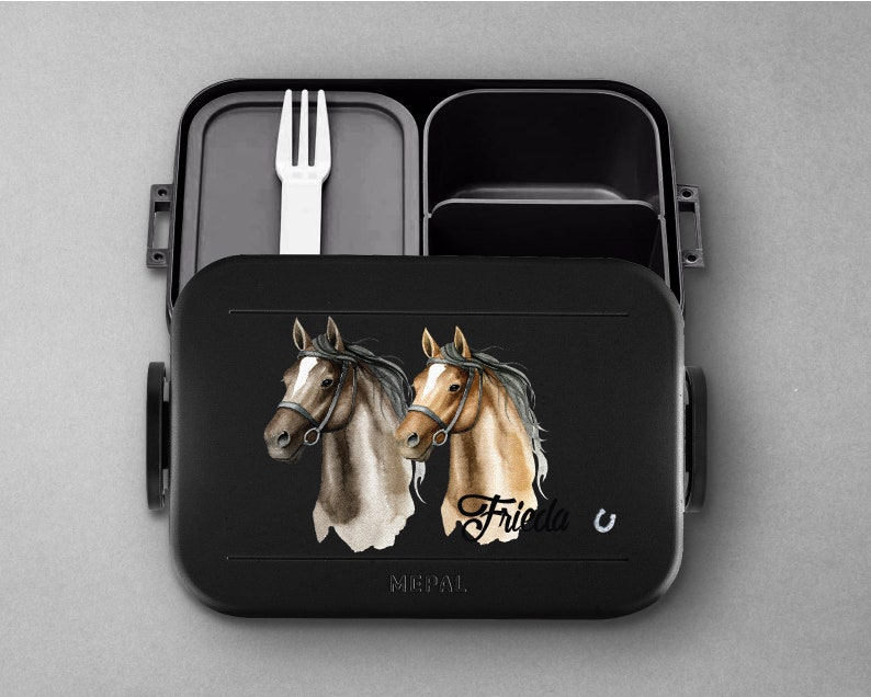 Personalized Mepal lunch box with bento compartments Personalized lunch box with beautiful horses 900ml Lunch box for school and daycare Nordic-Black
