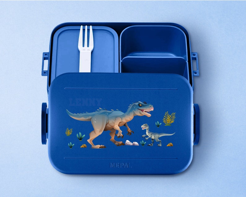 Mepal Take a break T-Rex Lunchbox mit Wunschname Personalisierte Bento Brotdose mit coolem Dino Motiv für Kita, Kindergarten und Schule Vivid-blue