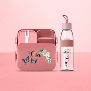 Coffret lunch box personnalisé Mepal Nordic Take a break midi avec de belles fleurs | Boîte à lunch et bouteille d'eau personnalisées pour la garderie, l'école