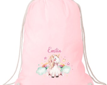 Stoffbeutel mit niedlichem Einhorn und Regenbogen / Turnbeutel für die Kita / den Kindergarten oder die Schule