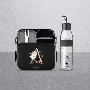 Personalisierte Mepal Nordic Lunchbox Bento im Set mit schönem Buchstaben und Namen | Personalisierte Brotdose und Wasserflasche als Set