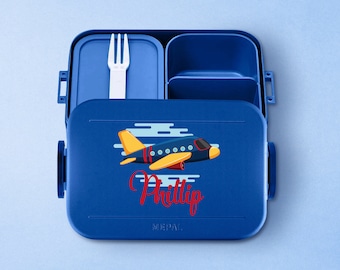 Personalisierte Mepal Brotdose mit Fächern | Personalisierte Brotdose mit niedlichem Flugzeug für die Kita / den Kindergarten und die Schule