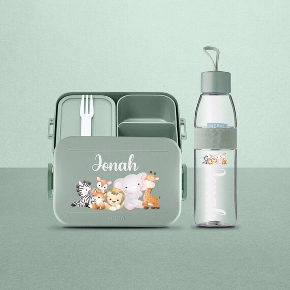 Mepal Brotdosen-set Mit Safari Tieren Mit Wunschnamen | Personalisierte Lunchbox & Wasserflasche Für Kita,kindergarten, Schule