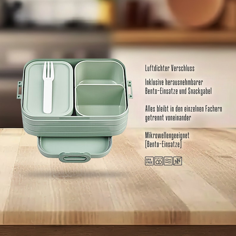 May include: A green, three-tiered lunch box with a removable fork and multiple compartments. The lunch box is airtight and microwave safe. The text on the box reads: "Luftdichter Verschluss", "Inklusive herausnehmbarer Bento-Einsatze und Snackgabel", "Alles bleibt in den einzelnen Fachern getrennt voneinander", "Mikrowellengeeignet (Bento-Einsatze)", "BPA FREE".