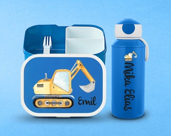Personalisierte Mepal Brotdose & Trinkflasche als Set mit Bento Einsatz für Kita und Schule | Cooles Bagger Motiv mit Wunschnamen
