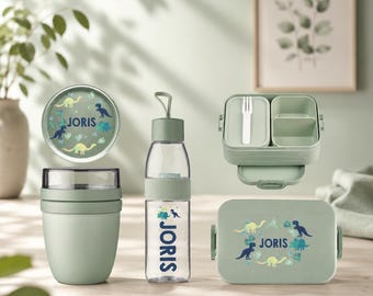 Personalisiertes Mepal Set | Lunchpot, Flasche Lunchbox | Trinkflasche und Brotdose für Schule Kindergarten Arbeit Kita | Dino Dinosaurier