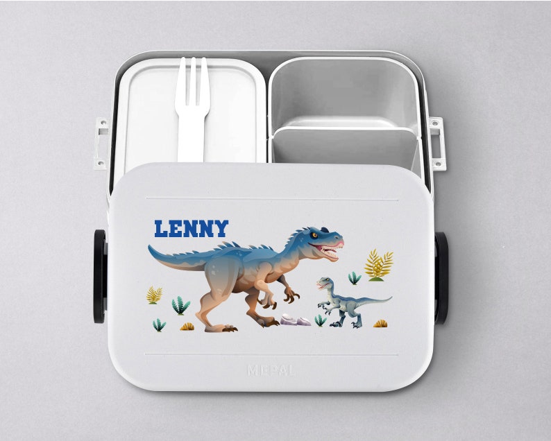 Mepal Take a break T-Rex Lunchbox mit Wunschname Personalisierte Bento Brotdose mit coolem Dino Motiv für Kita, Kindergarten und Schule Nordic-white