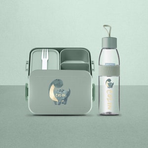 Boîte à lunch Mepal personnalisée avec dinosaure et nom | Boîte à lunch personnalisée et bouteille d’eau | Ensemble midi Faites une pause