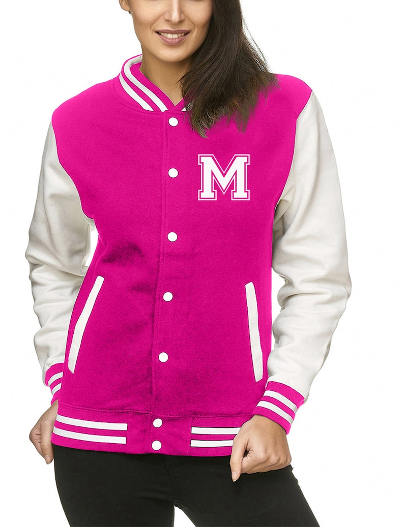 Personalized College Jacket with Initial for Kids and Adults College jacket with desired letter or number in college style Pink-Weiss