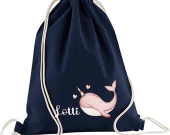 Organic cotton bag with cute whale unicorn / gym bag for school / personalized bag for changing clothes for daycare