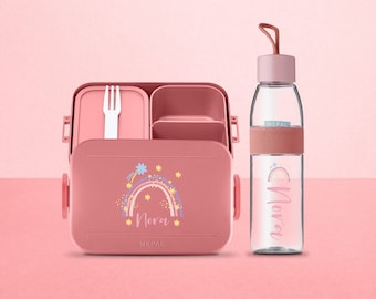 Personalisierte Mepal Brotdose mit Regenbogen | Der perfekte Start für die Schule | Personalisierte Lunchbox und Wasserflasche im Set