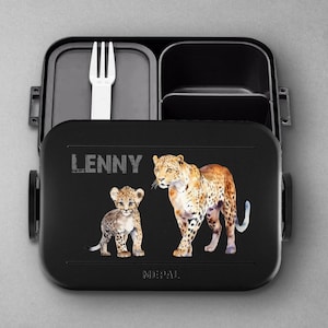 Personalized Mepal take a break lunch box with leopard and desired name / lunch box with safari animals for school and kindergarten
