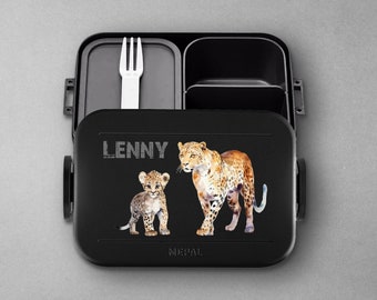 Gepersonaliseerde Mepal meeneemlunchbox met luipaard en gewenste naam/lunchbox met safaridieren voor school en kleuterschool