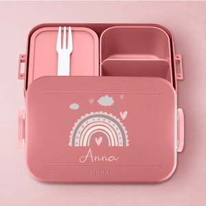 Gepersonaliseerde Mepal Take a break lunchbox Bento lunchbox met vakken met schattige regenboog voor kinderdagverblijf, kleuterschool en school Vivid-Mauve