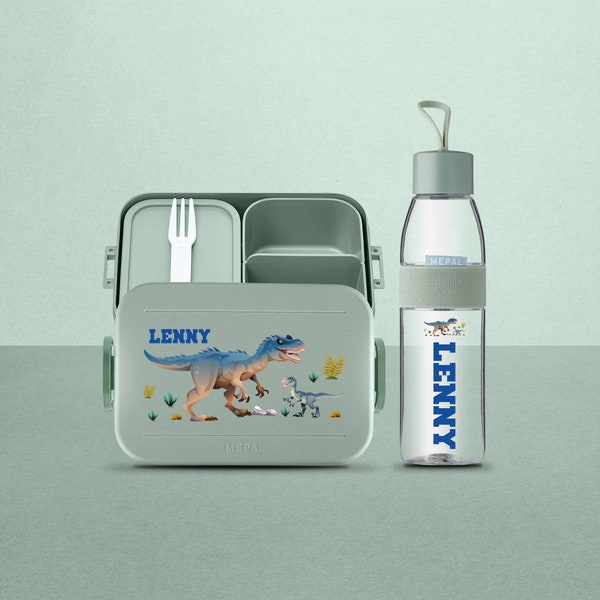 Mepal Nordic Take a break Brotdosen-Set mit Wunschnamen | Personalisierte Lunchbox & Wasserflasche mit Dino für Kita,Kindergarten, Schule