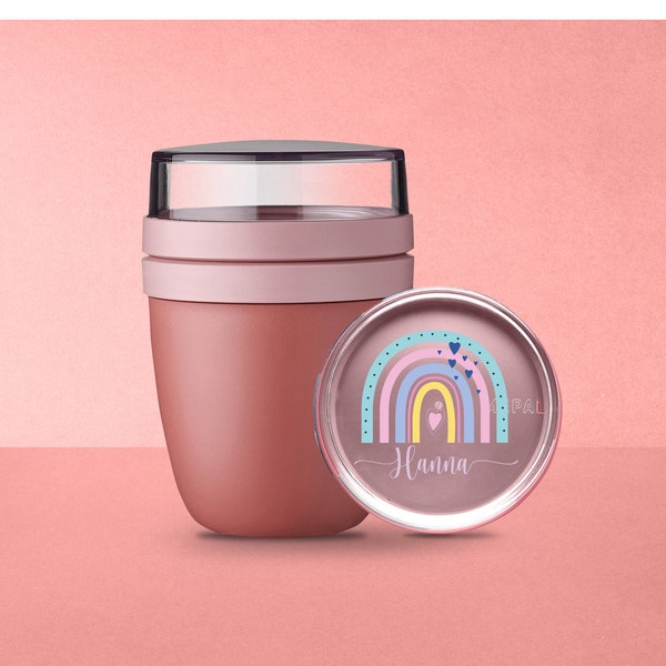 Personalisierter Mepal Lunchpot Ellipse Mini mit Wunschnamen | Frühstücksbecher mit niedlichem Regenbogen | Müslibecher für die Schule